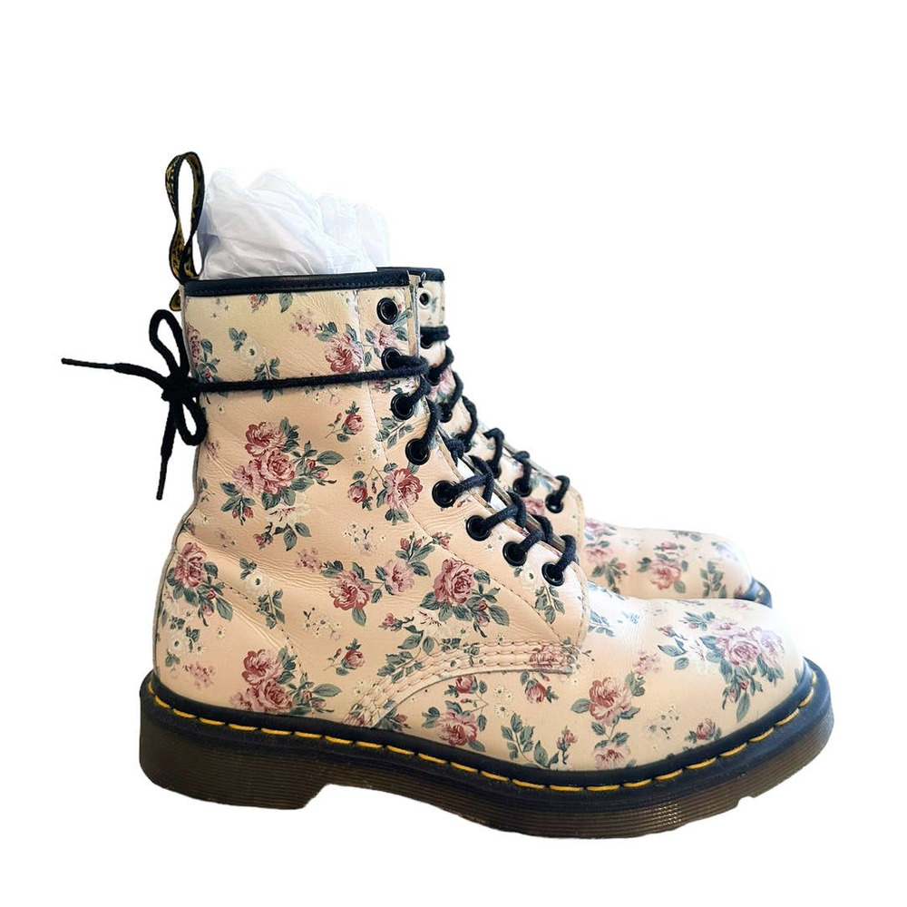 Dr. Martens Floral Lace Up Boots - Cream and Pink